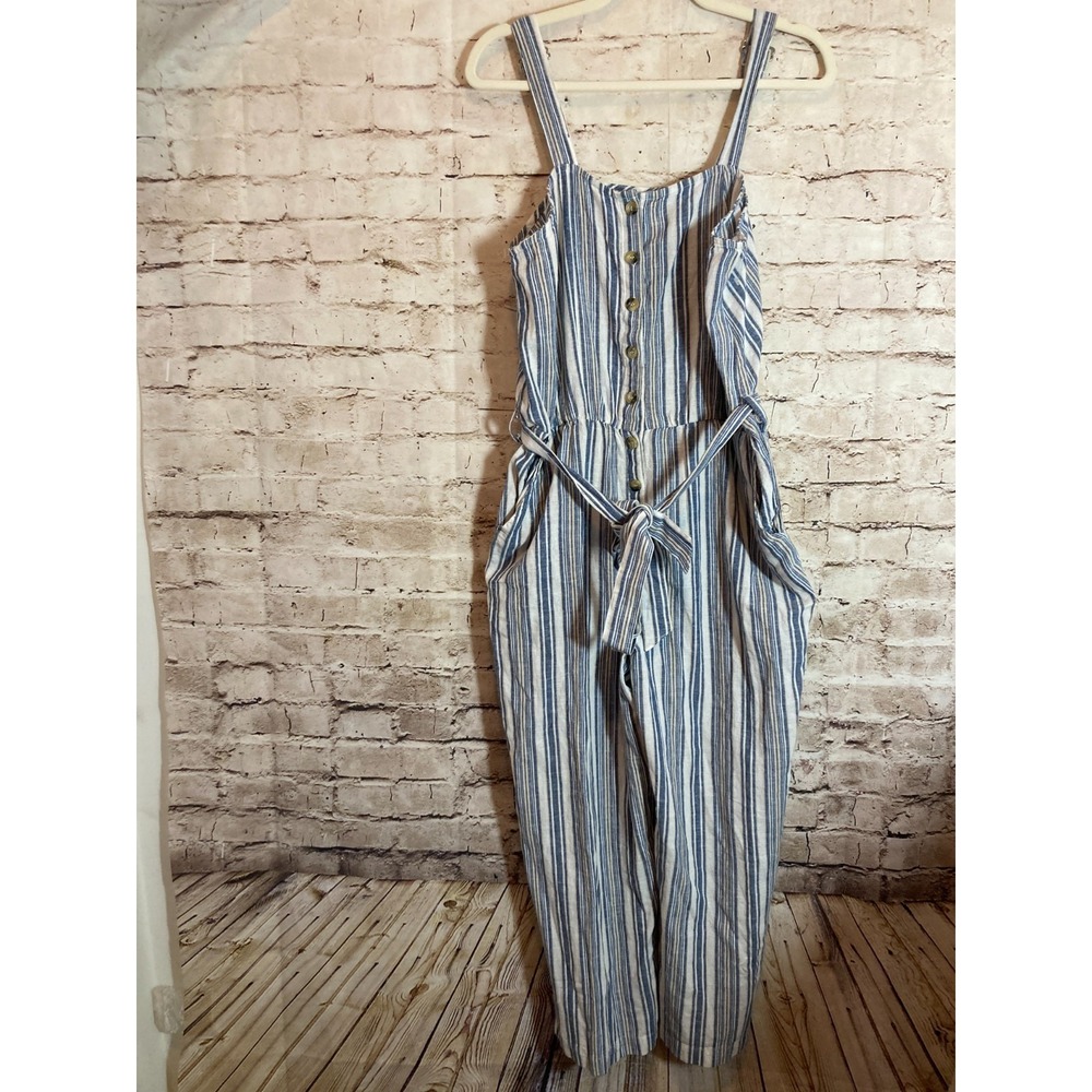 Deja Bleu Jumpsuit Womens Large Blue White Striped Beachy Belted Cotton & Linen